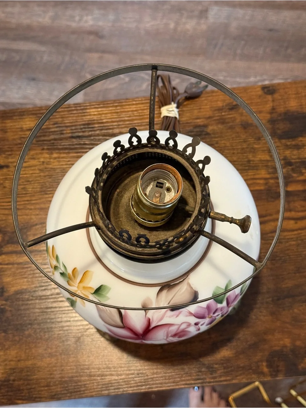 Vintage GWTW Hurricane Parlor Lamp Base Hand Painted Pink Roses Milk Glass